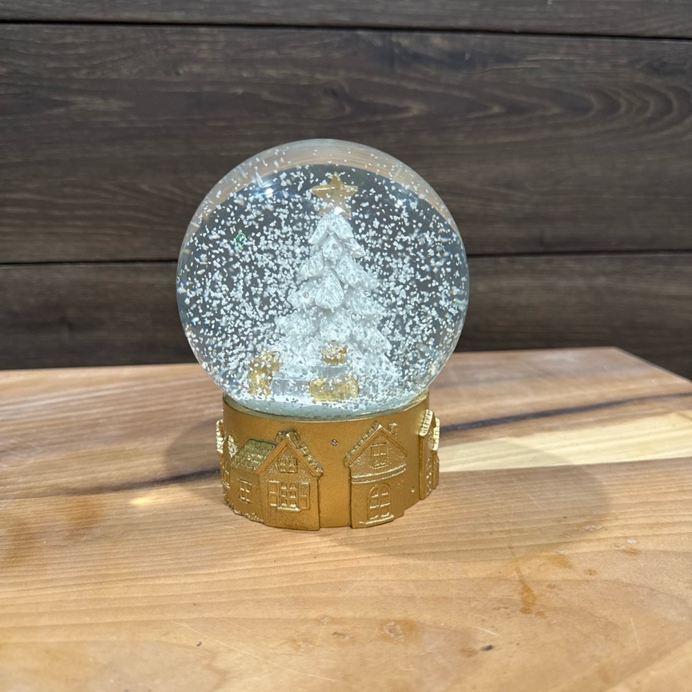 Gold Base White Christmas Tree Snow Globe with Swarovski Crystals